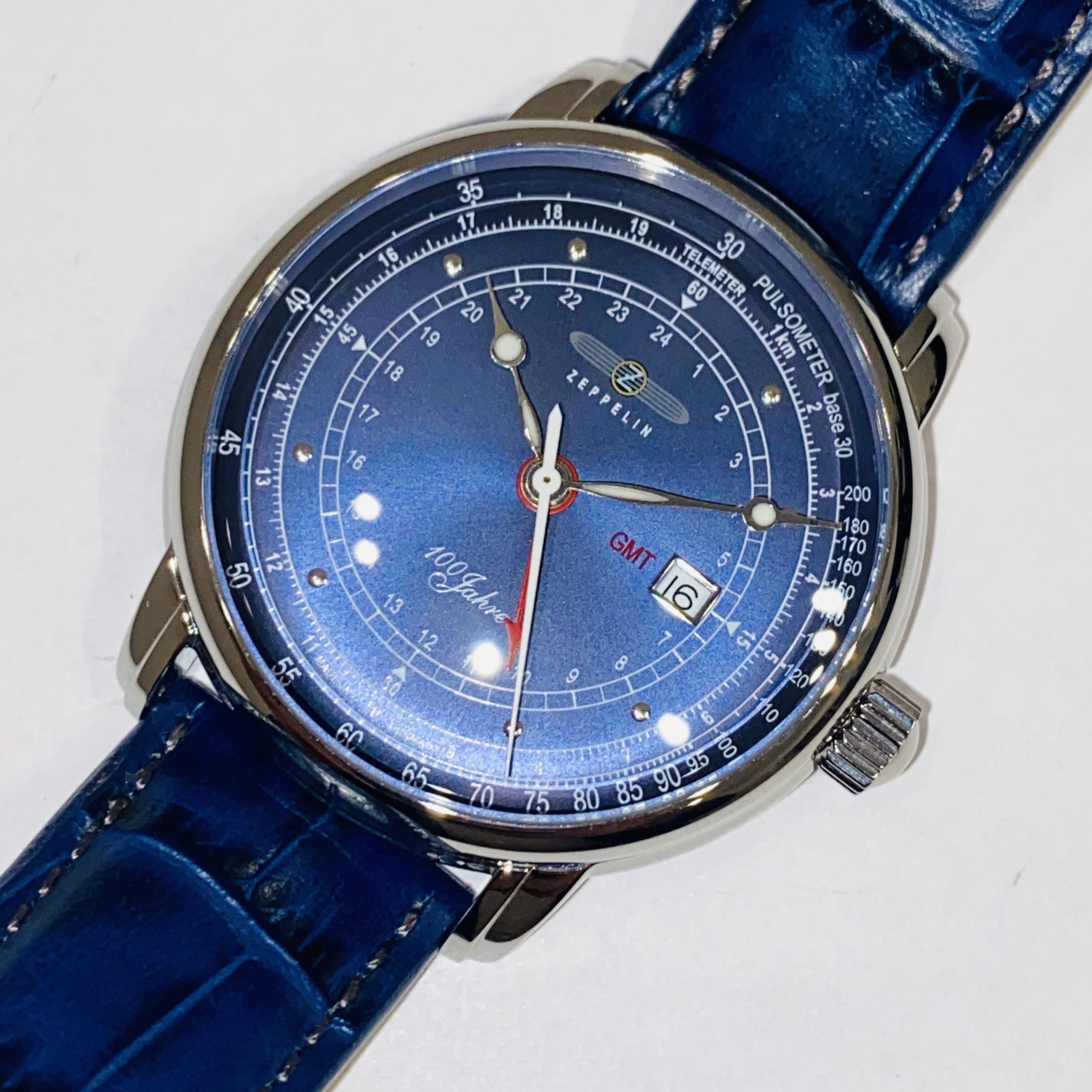 【ZEPPELIN/ツェッペリン】クオーツ メンズ腕時計 100周年記念 未使用品 稼働品 ネイビー レザーベルト 