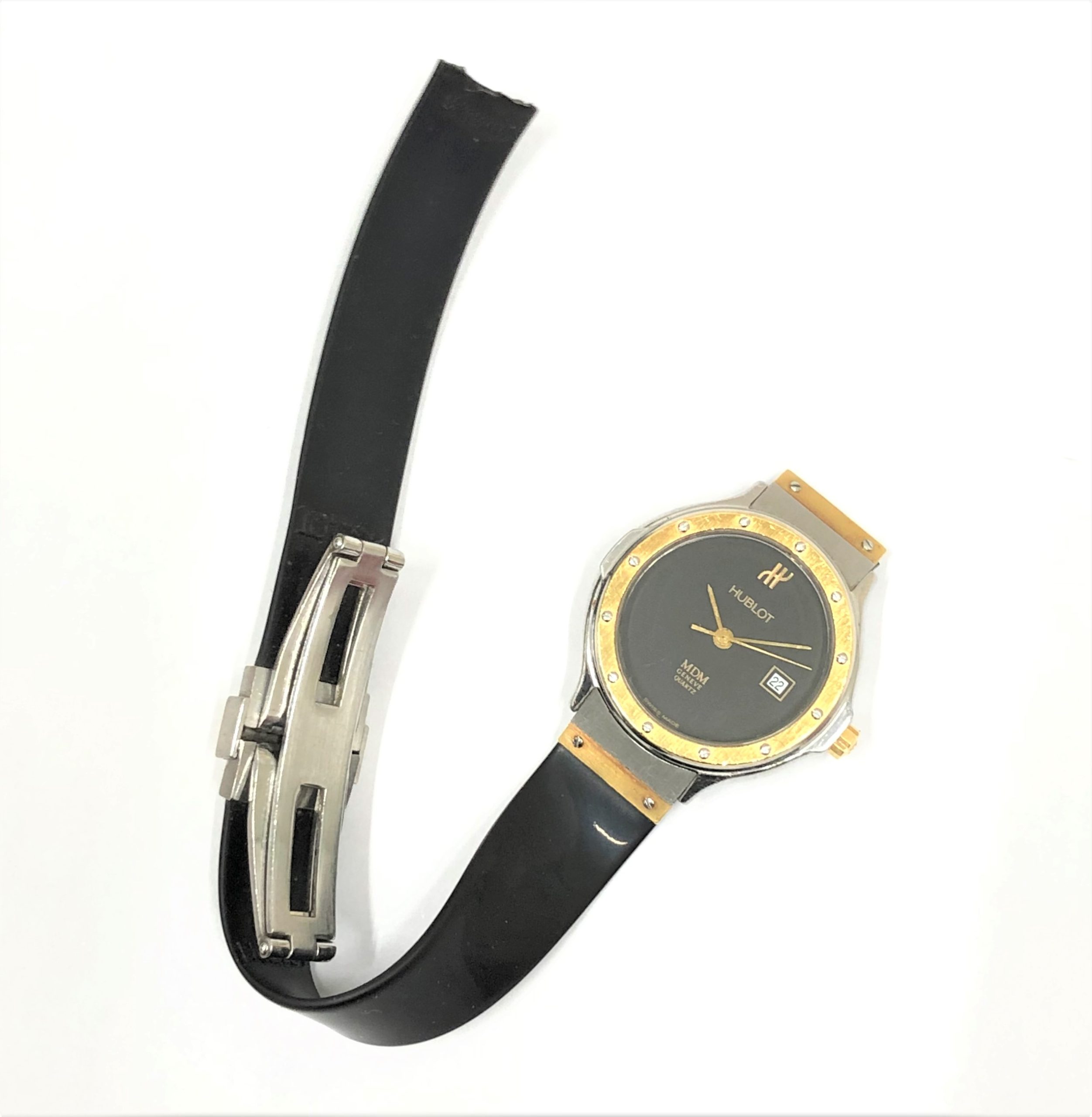 【HUBLOT】ウブロ MDM クラシック QZ ラバーベルト レディース中古★ベルトをスウォッチスキン用を加工 HUBLOT ウブロ MDM クラシック 1280.100.2 ブラックダイアル K18YGx
